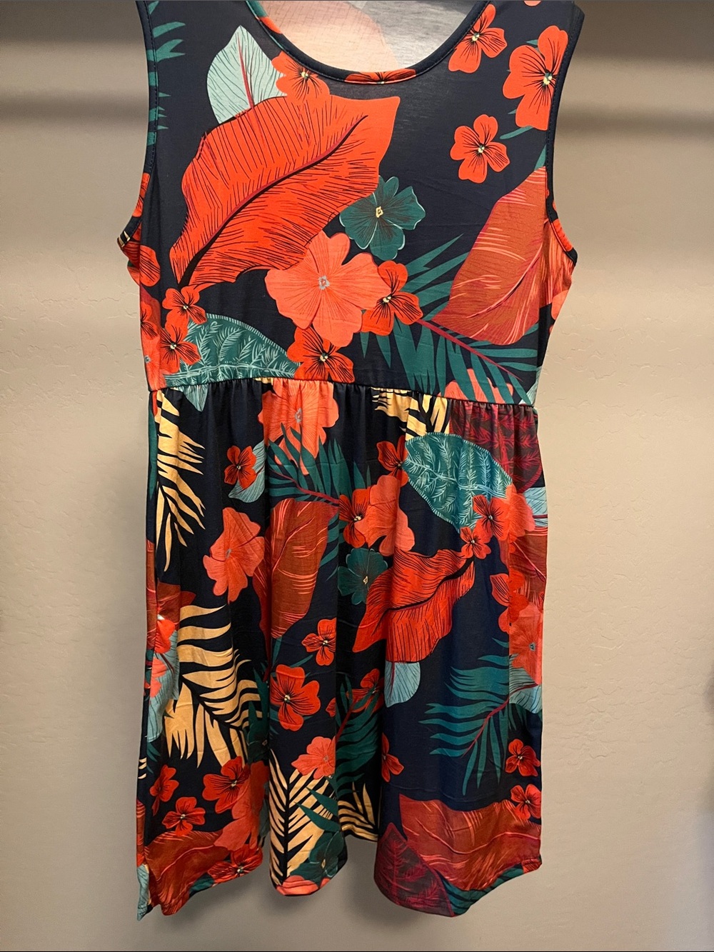 Navy Floral Print Sleeveless Mini Dress with Orange Tropicals
